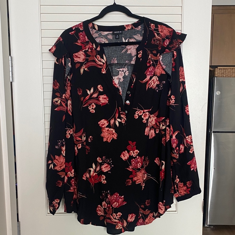 Torrid Black and Red Floral Blouse